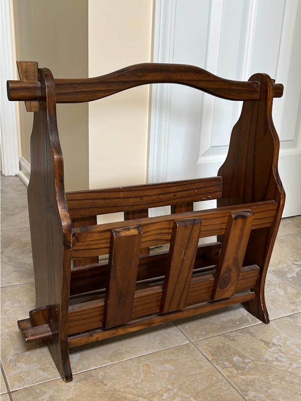 Vintage cottagecore wood magazine rack